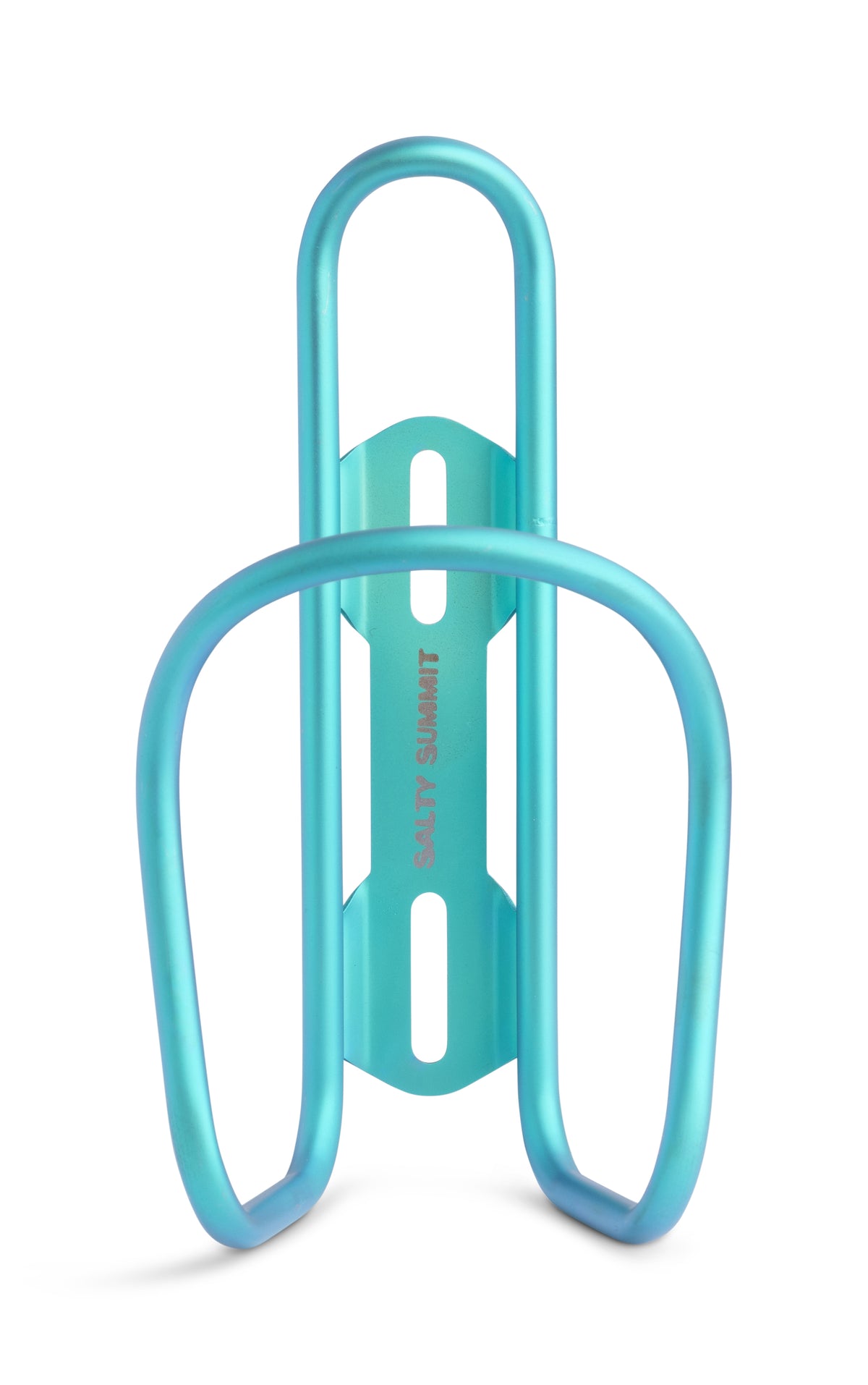 A turquoise blue titanium bicycle water bottle cage with the brand name 'SALTY SUMMIT' printed vertically on the center support, shown on a clean white background.
