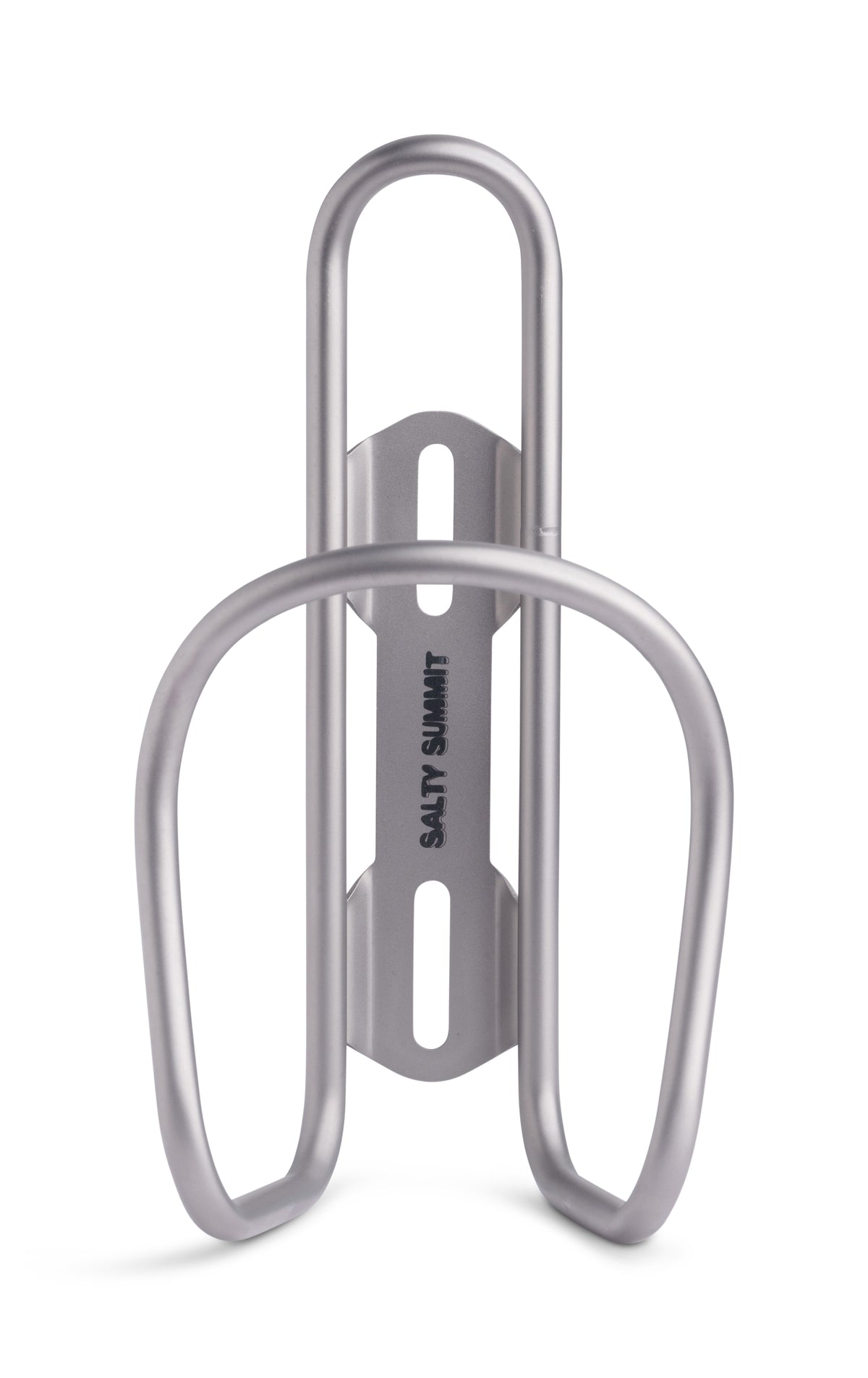 A metallic silver bicycle water bottle cage with the brand name 'SALTY SUMMIT' printed vertically on the center support, shown against a plain white background.