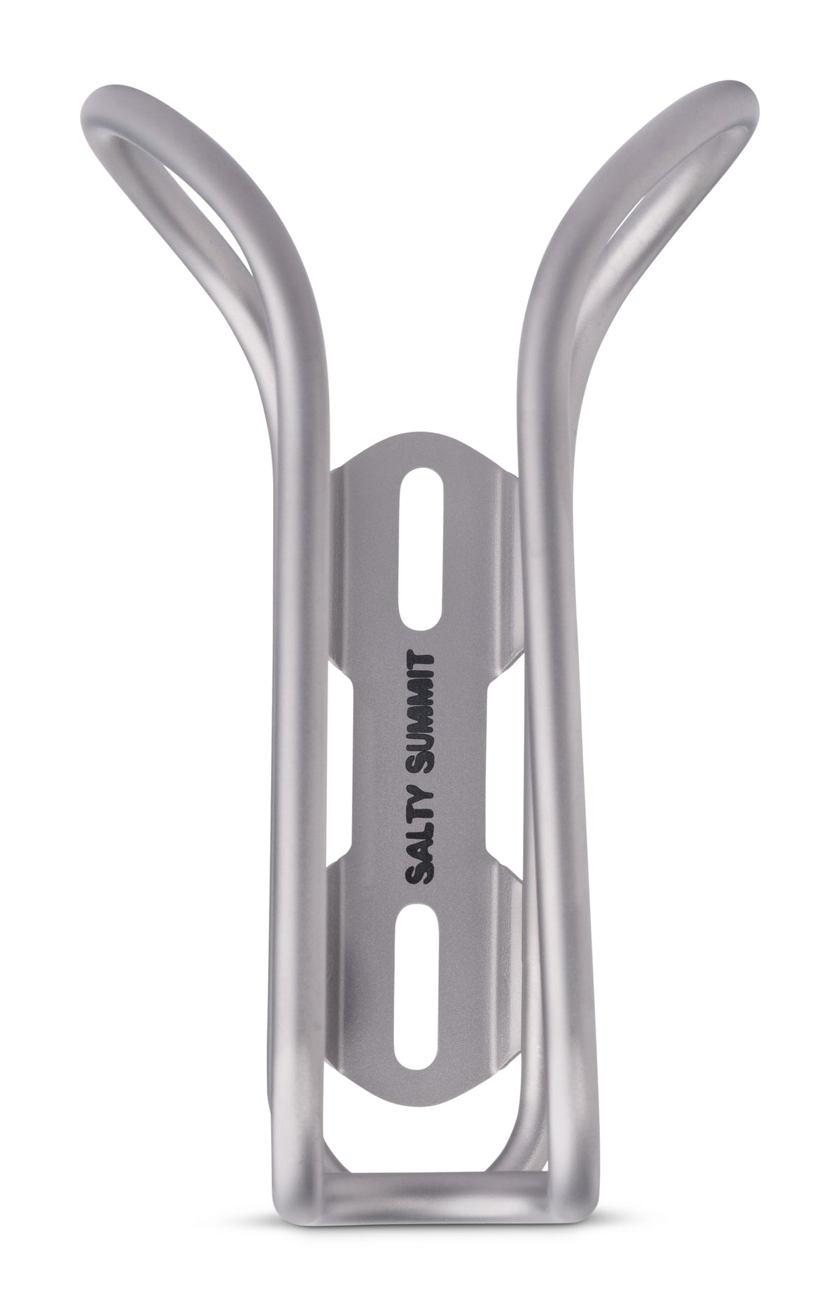 A metallic silver bicycle water bottle cage with the brand name 'SALTY SUMMIT' printed vertically in black on the center, shown against a plain white background.