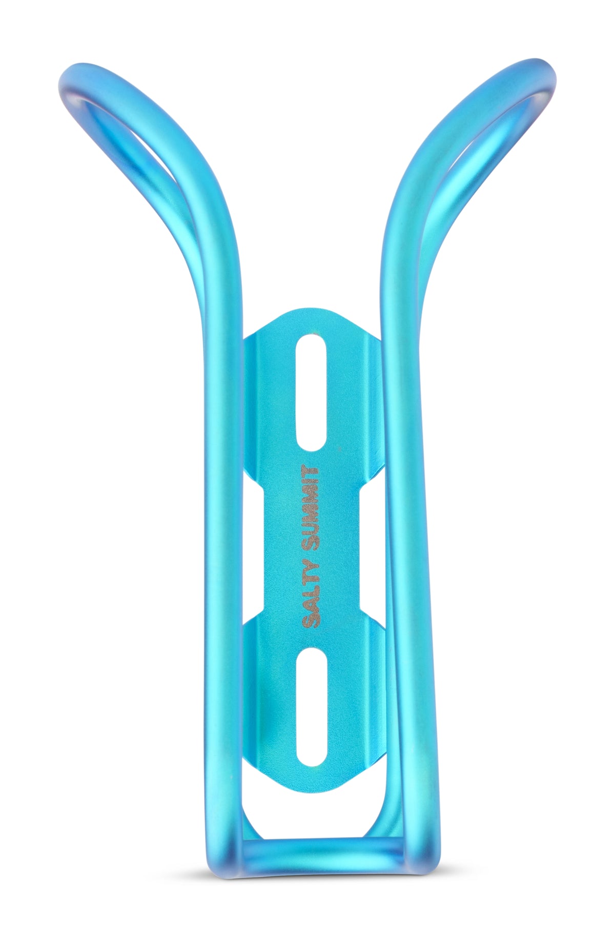A bright blue translucent bicycle water bottle cage with the brand name 'SALTY SUMMIT' printed vertically on the center, shown on a clean white background.