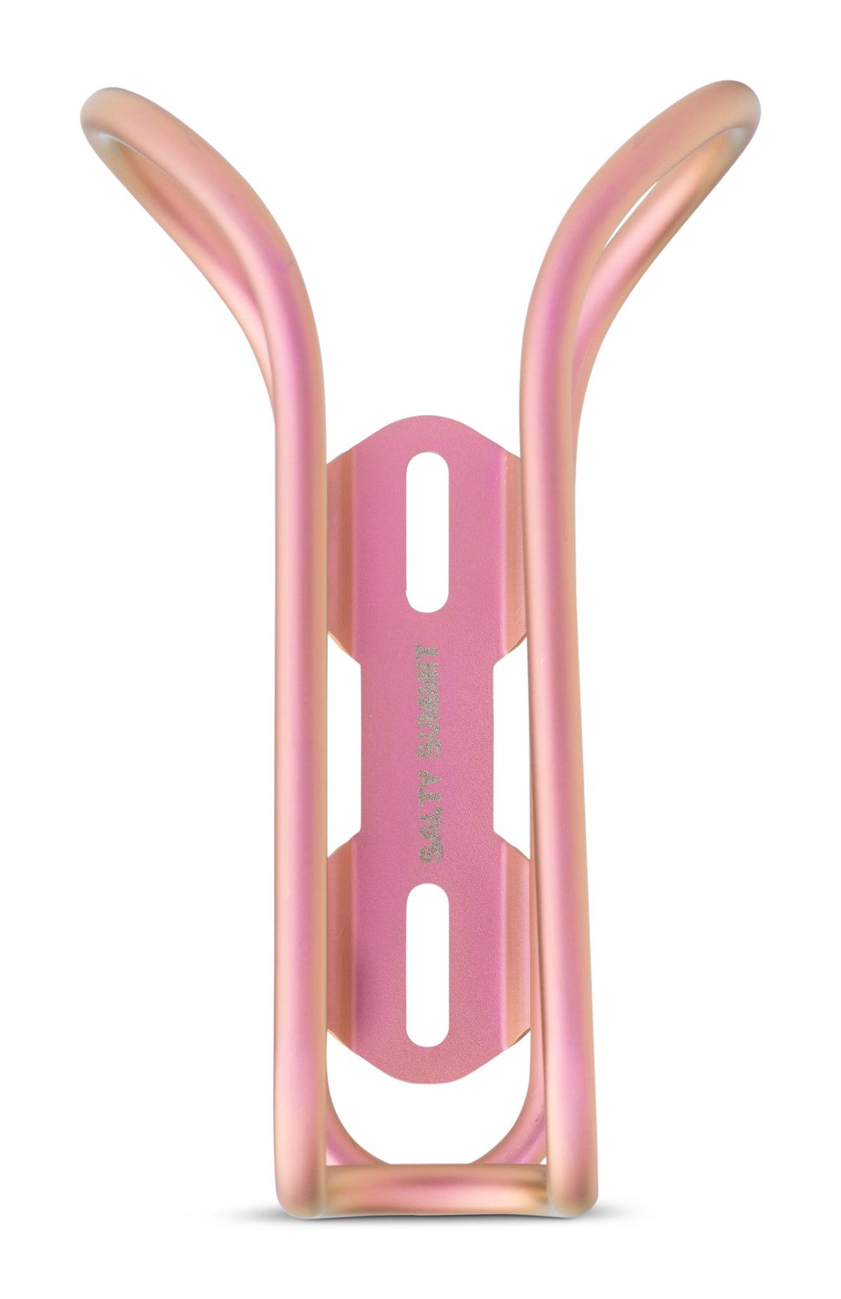 A metallic pink bicycle water bottle cage with a rose gold iridescent finish, shown on a clean white background.