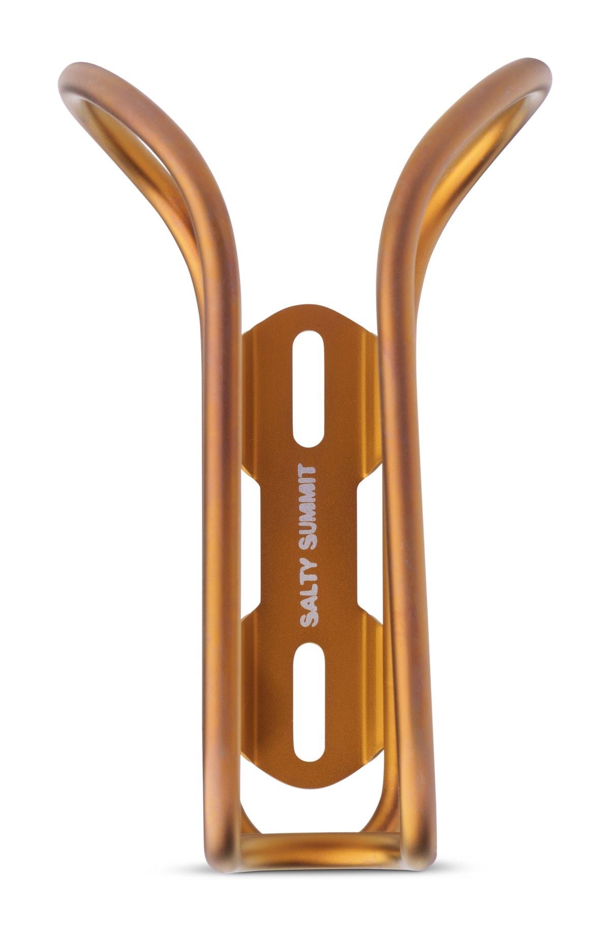 An amber-brown translucent bicycle water bottle cage with the 'SALTY SUMMIT' brand name printed vertically in white on the center, shown on a clean white background.