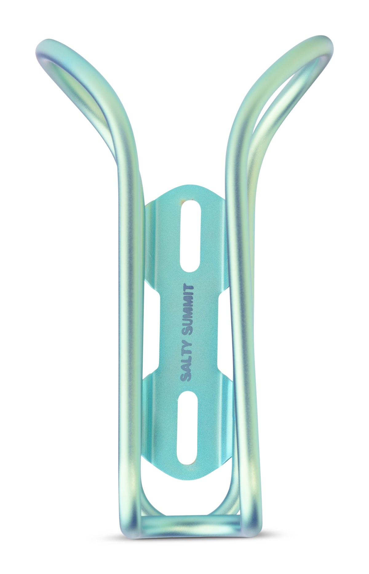 A translucent iridescent bicycle water bottle cage with a mint green and blue color-shifting finish. The brand name 'SALTY SUMMIT' is printed vertically on the center support plate.