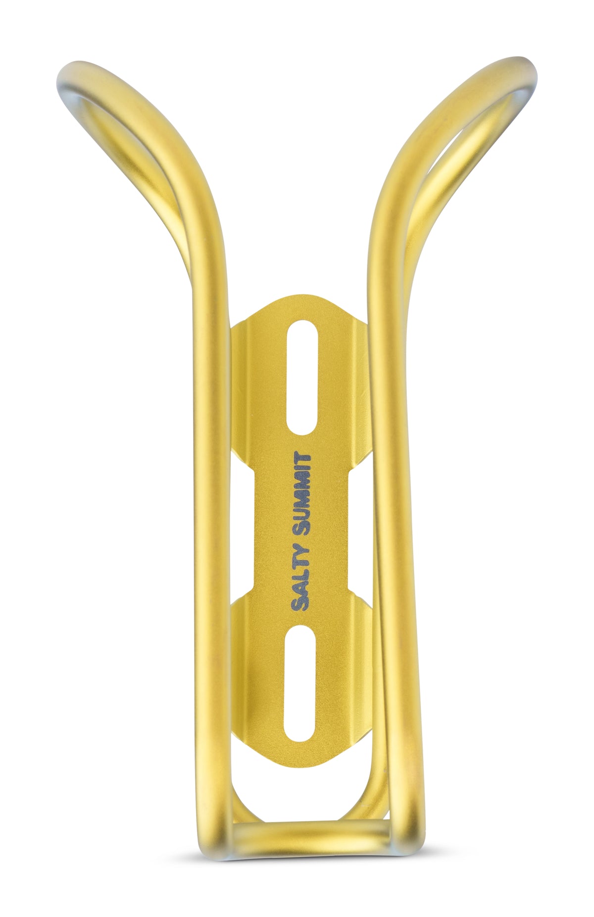 A yellow-colored titanium bicycle water bottle cage with the brand name 'SALTY SUMMIT' printed vertically in blue on the center, shown on a plain white background.