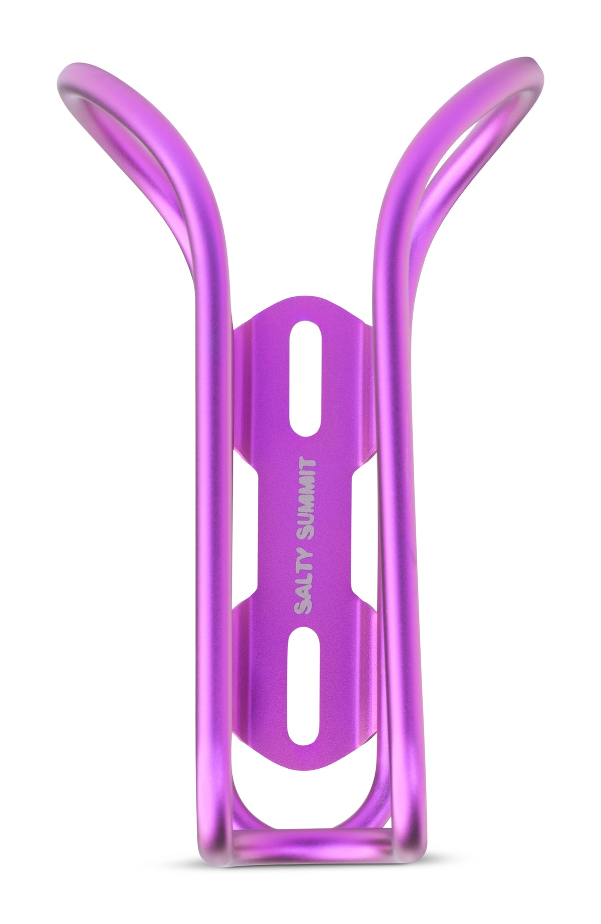 A metallic purple bicycle water bottle cage with the brand name 'SALTY SUMMIT' printed vertically on the center, shown on a clean white background.