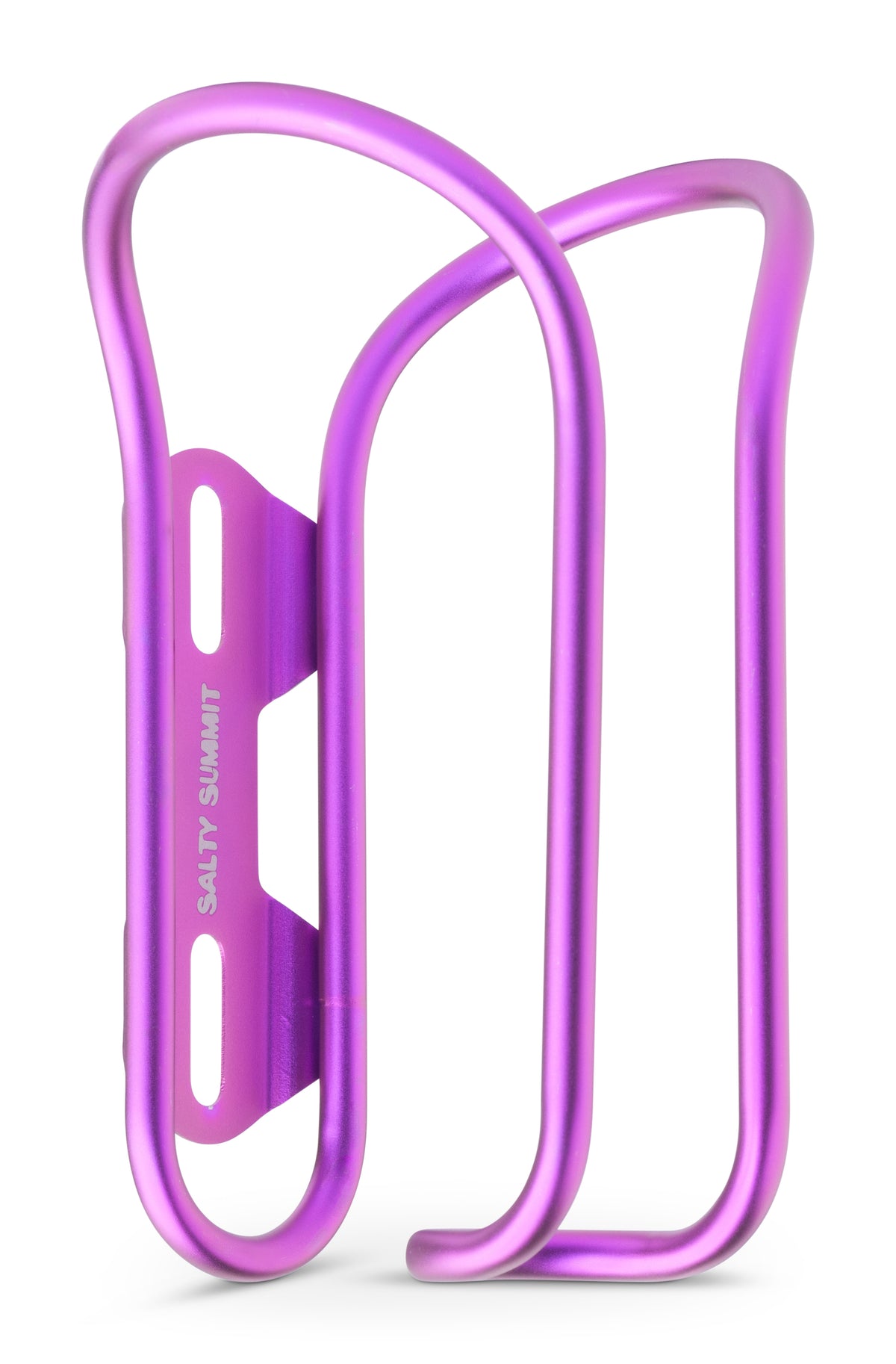 A metallic purple bicycle water bottle cage with the brand name 'SALTY SUMMIT' printed vertically on the side, shown on a clean white background.