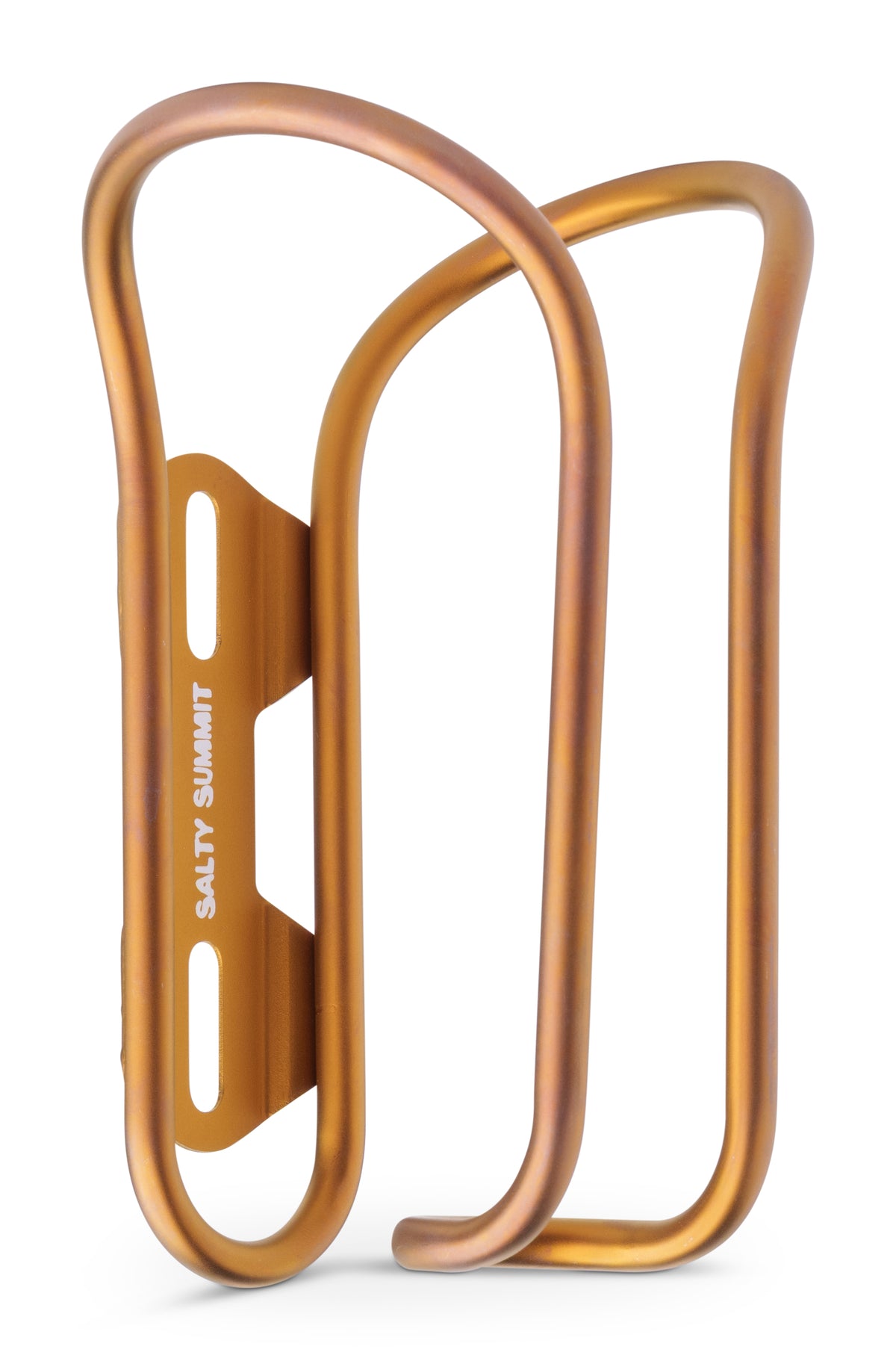 A metallic copper-colored bicycle water bottle cage with the brand name 'SALTY SUMMIT' printed vertically on the left side, shown on a clean white background.