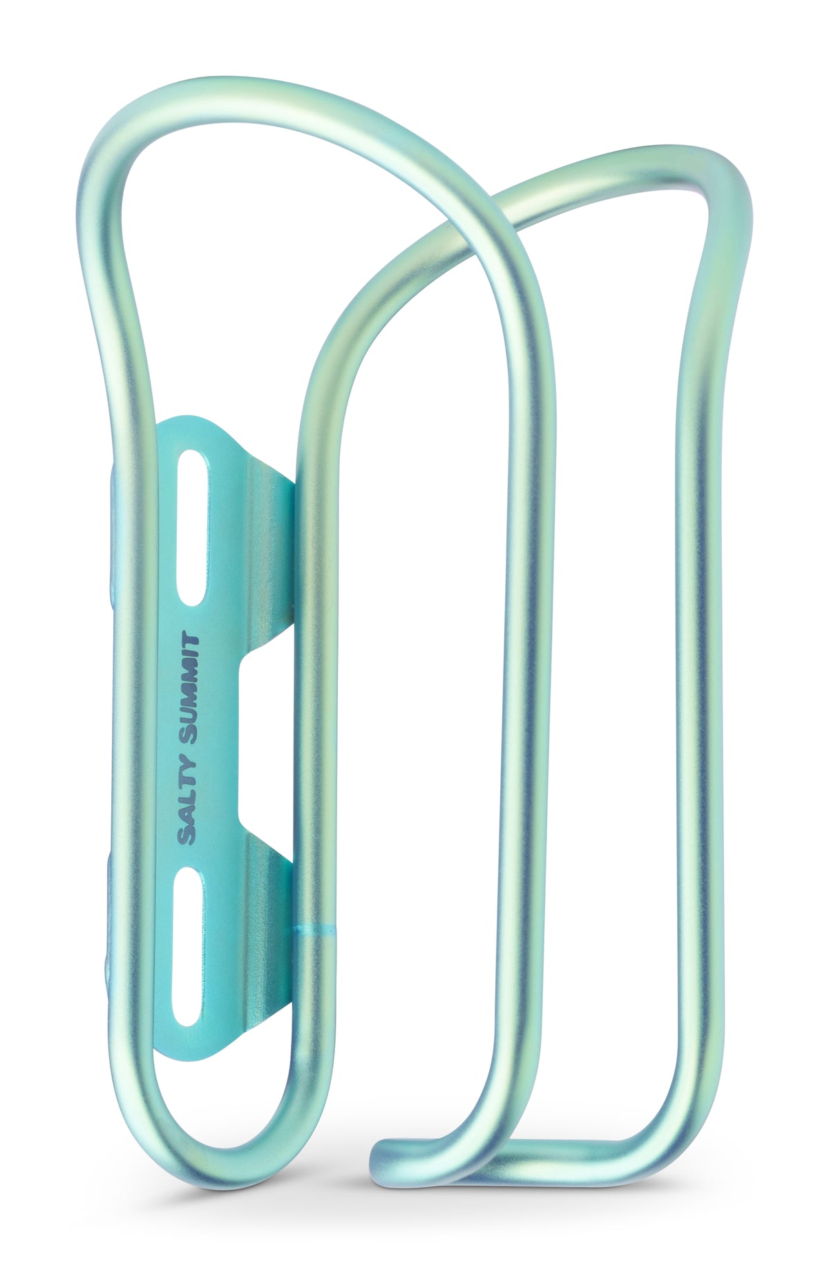 A metallic bicycle water bottle cage in a light aqua/mint color, featuring the 'SALTY SUMMIT' brand name printed vertically on the mounting bracket, shown against a plain white background.