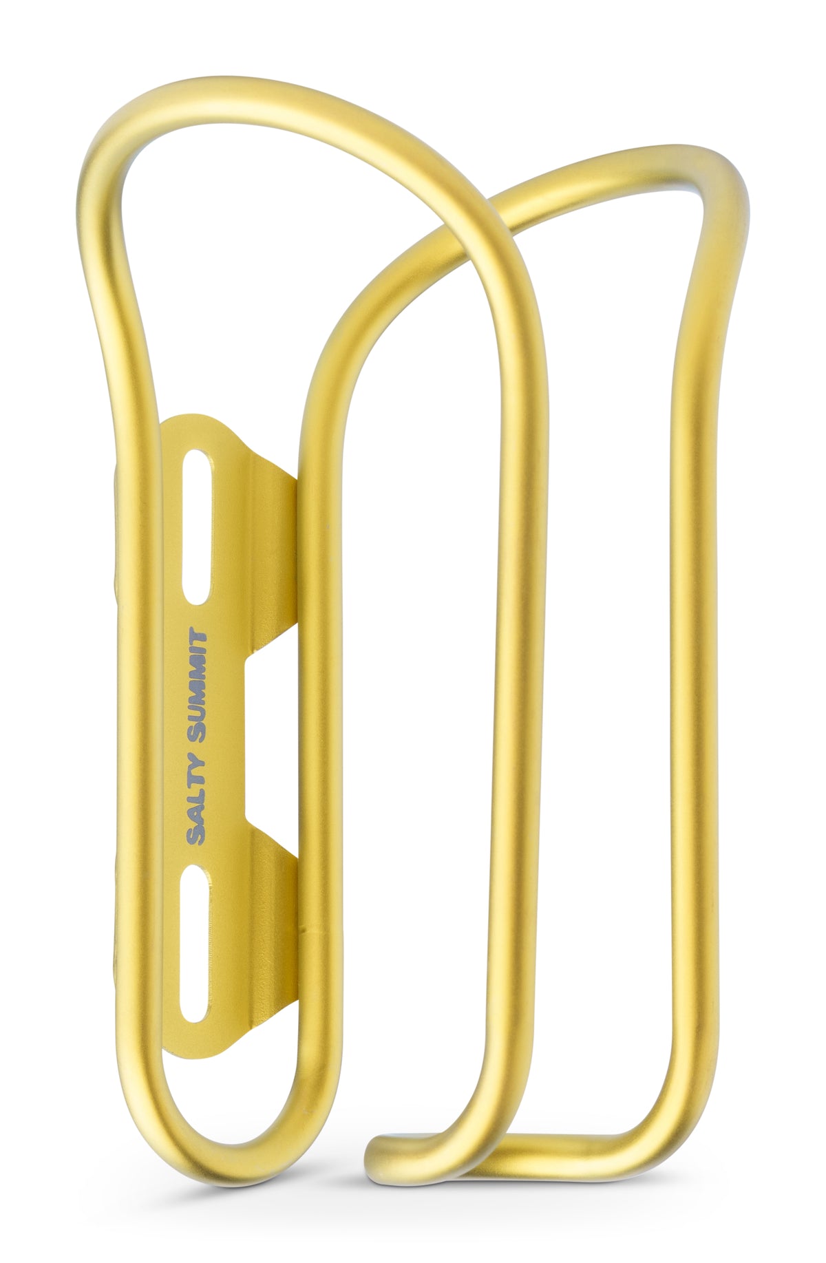 A yellow-colored titanium bicycle water bottle cage with the brand name 'SALTY SUMMIT' printed vertically in blue on the left side, shown on a clean white background.