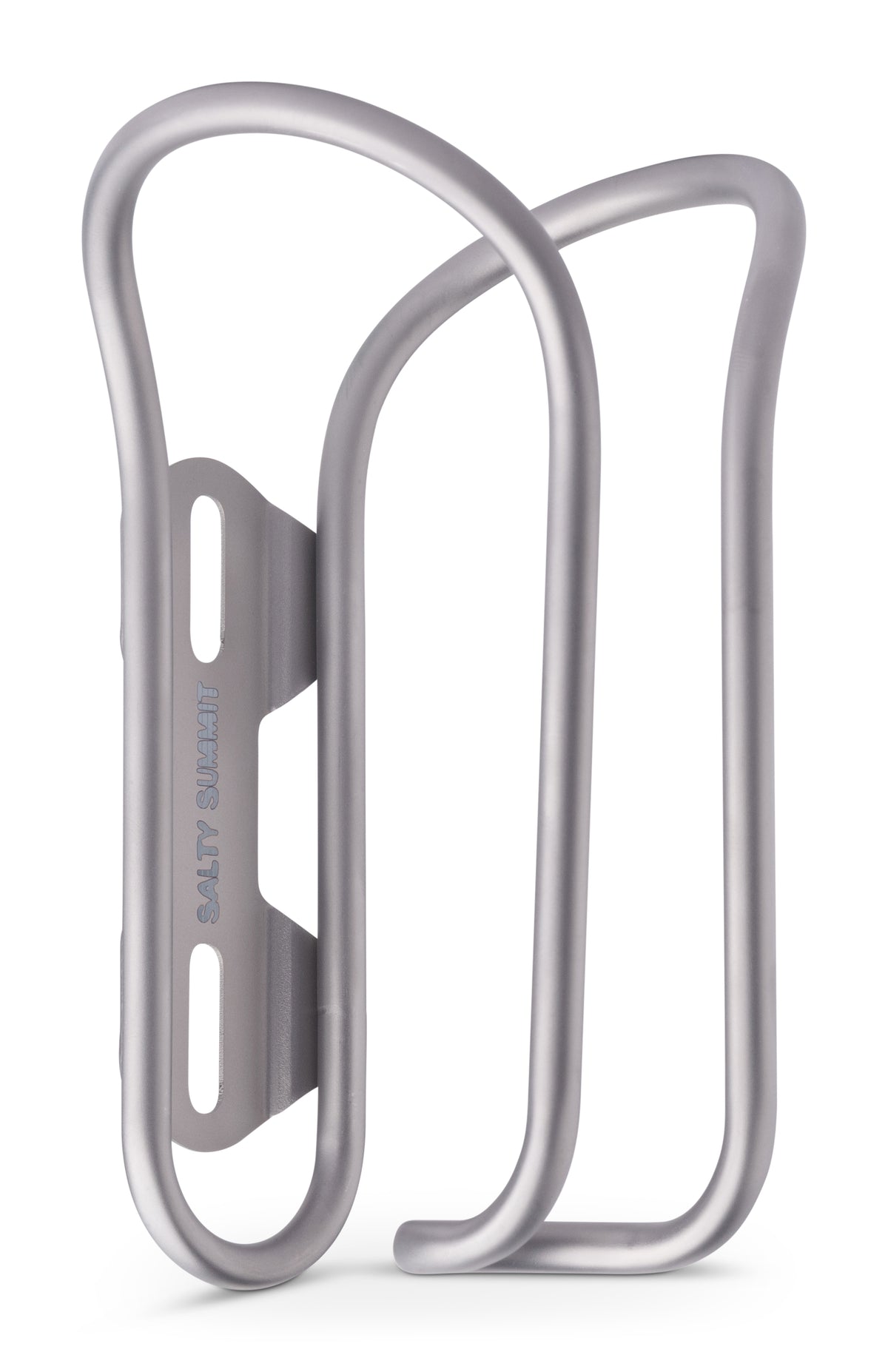 A silver metallic bicycle water bottle cage with the brand name 'SALTY SUMMIT' printed vertically on the side, shown on a clean white background.