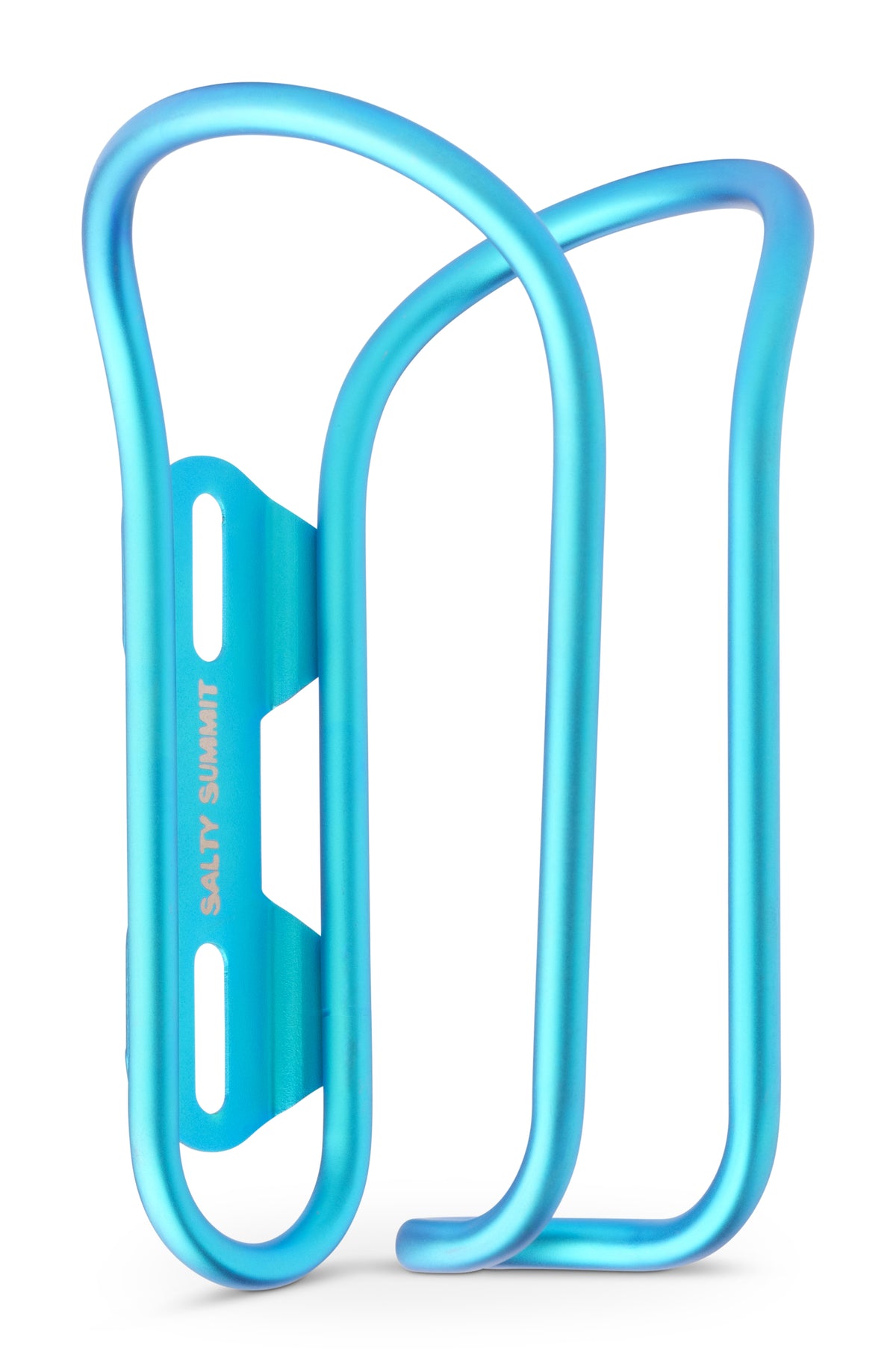 A bright metallic blue bicycle water bottle cage with the brand name 'SALTY SUMMIT' printed vertically on the side, shown on a clean white background.