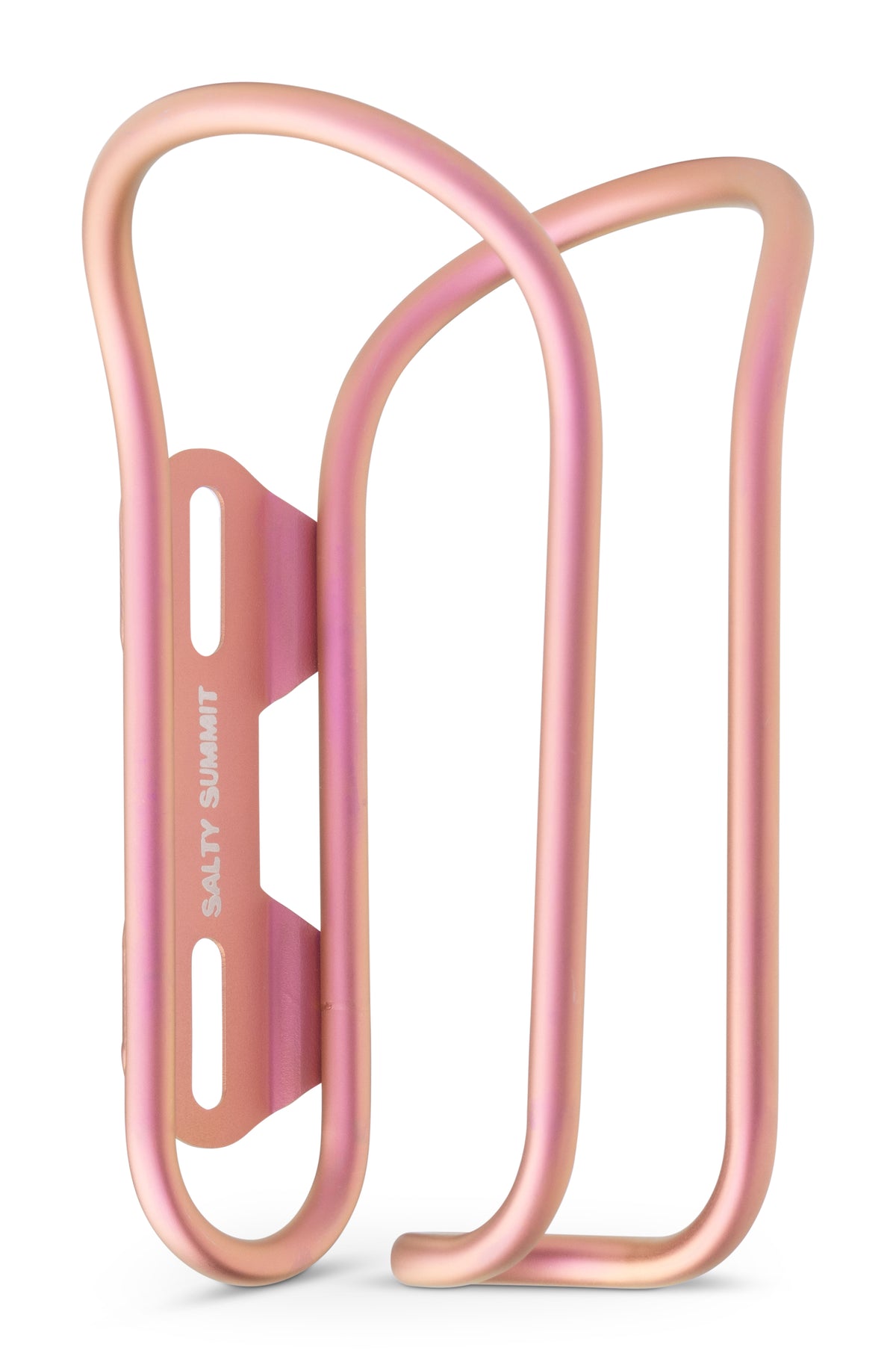 A metallic pink bicycle water bottle cage with a rose gold finish, featuring the 'SALTY SUMMIT' brand name printed vertically on the side, set against a plain white background.