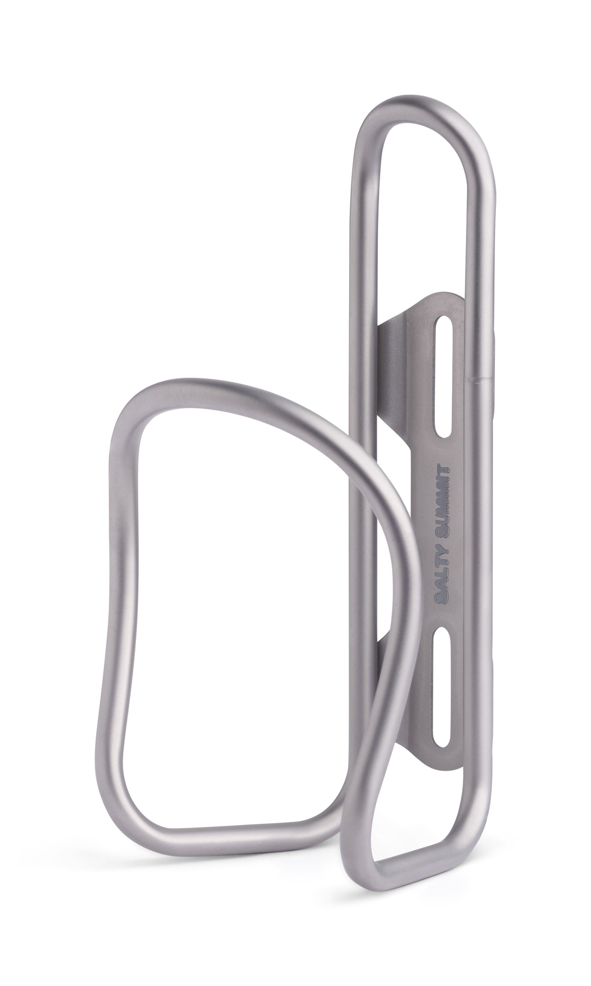 A metallic silver bicycle water bottle cage shown on a clean white background, with the brand name 'SALTY SUMMIT' vertically printed on the side bracket.