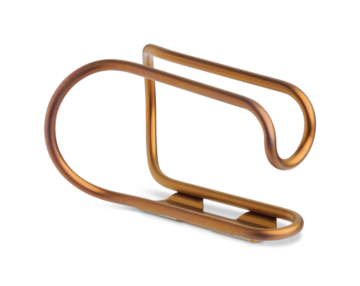 A metallic copper-colored bicycle bottle cage, shown on a clean white background.