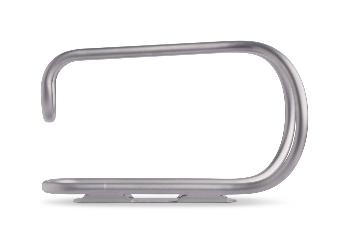 A silver bottle cage, shown on a clean white background.