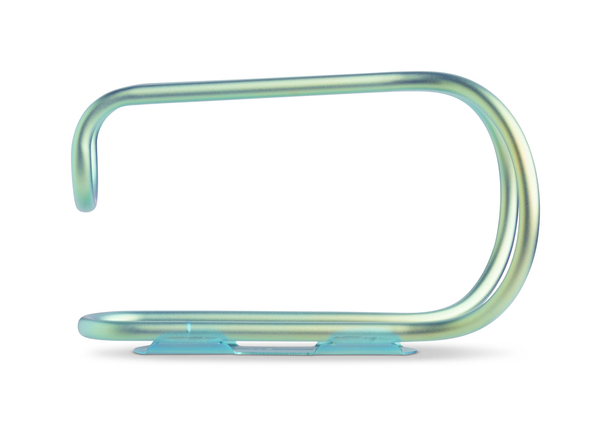 A metallic bottle cage, featuring a light greenish-blue iridescent sheen, shown against a solid white background.