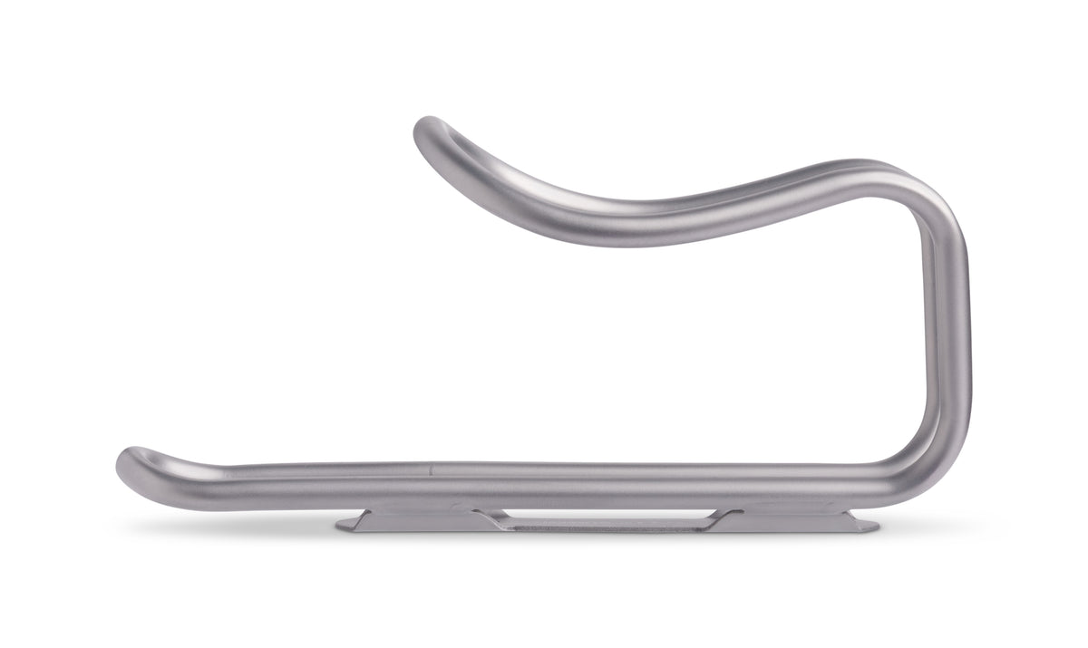 A bicycle bottle cage in a brushed silver finish, displayed against a clean white background.