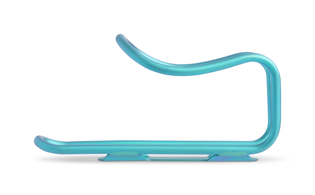 A turquoise blue titanium bottle cage, shown on a plain white background.