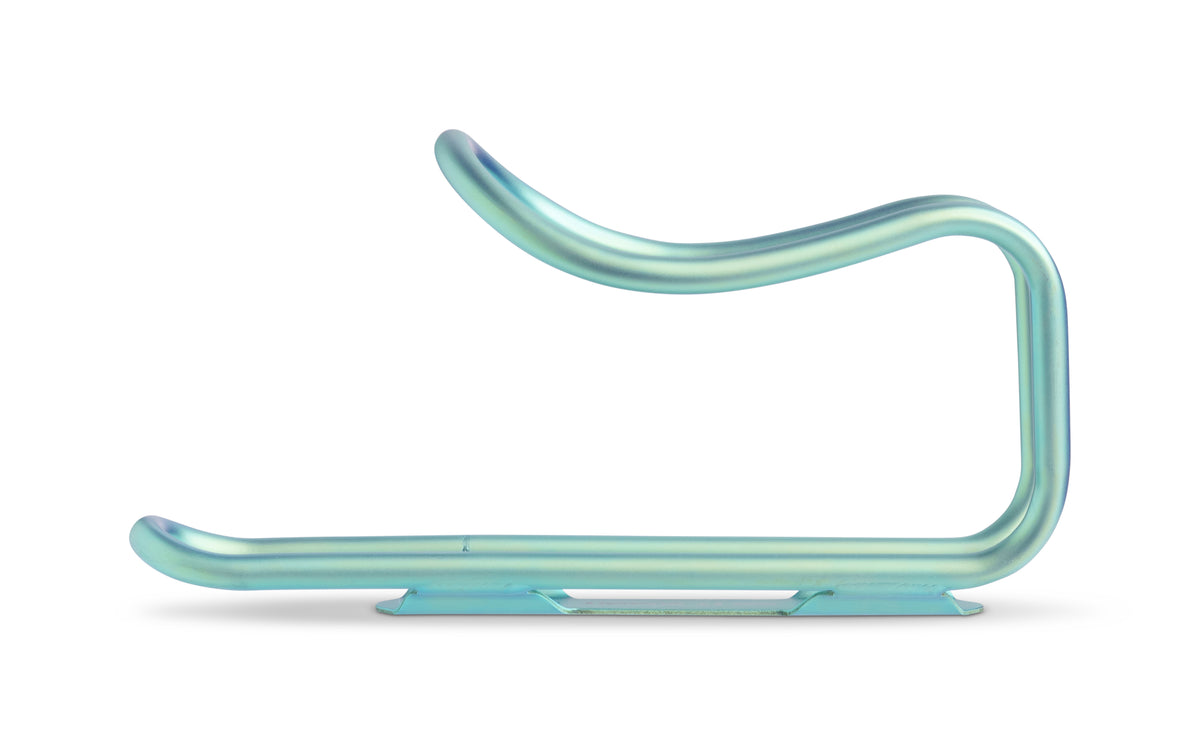A mint green titanium bottle cage, shown on a plain white background.