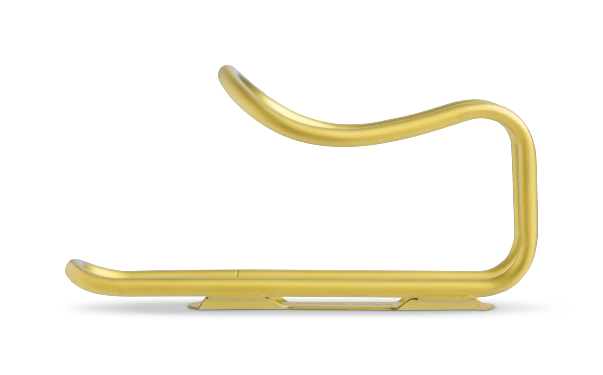 A yellow-colored titanium water bottle cage, shown from a side profile view on a white background.