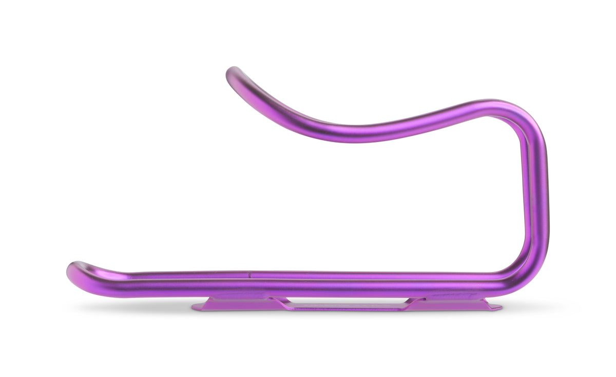 A metallic purple bottle cage, shown on a clean white background.