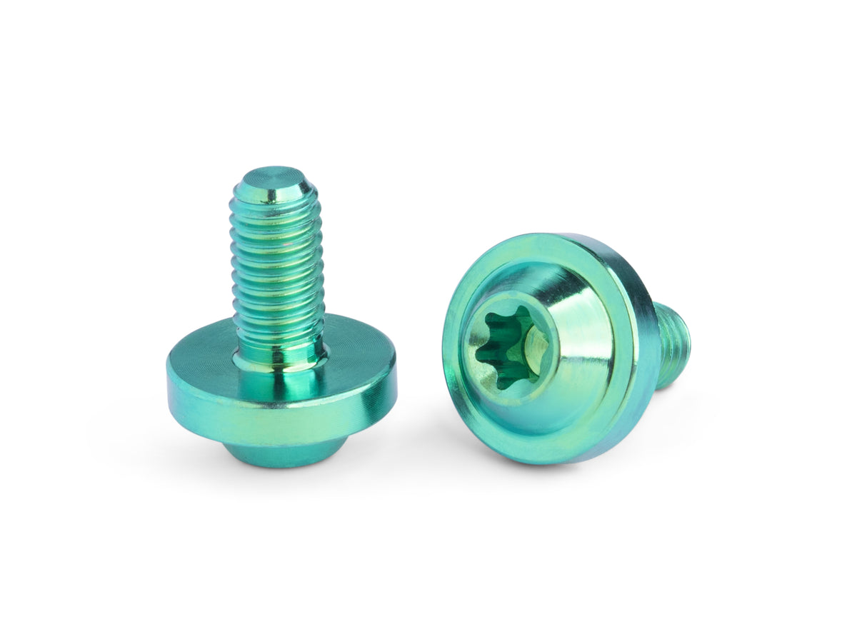 Two metallic teal screws, one showing the threaded shaft and head profile and the other showing the star-drive head from the side, on a white background.