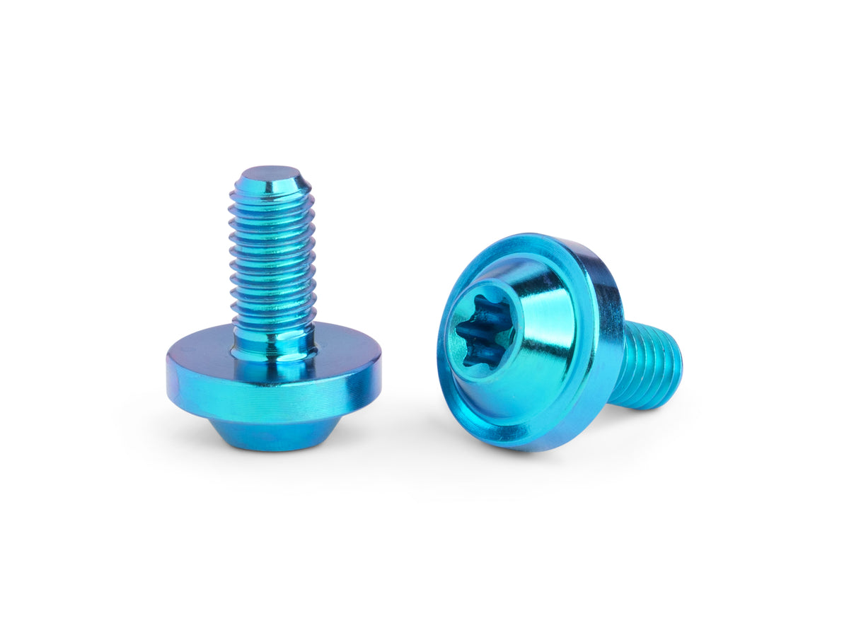 Two metallic blue hex head screws with a star drive head, shown from different angles on a white background.