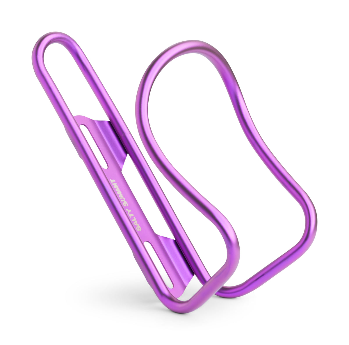 A metallic purple bicycle bottle cage with a sleek anodized finish, shown on a clean white background.