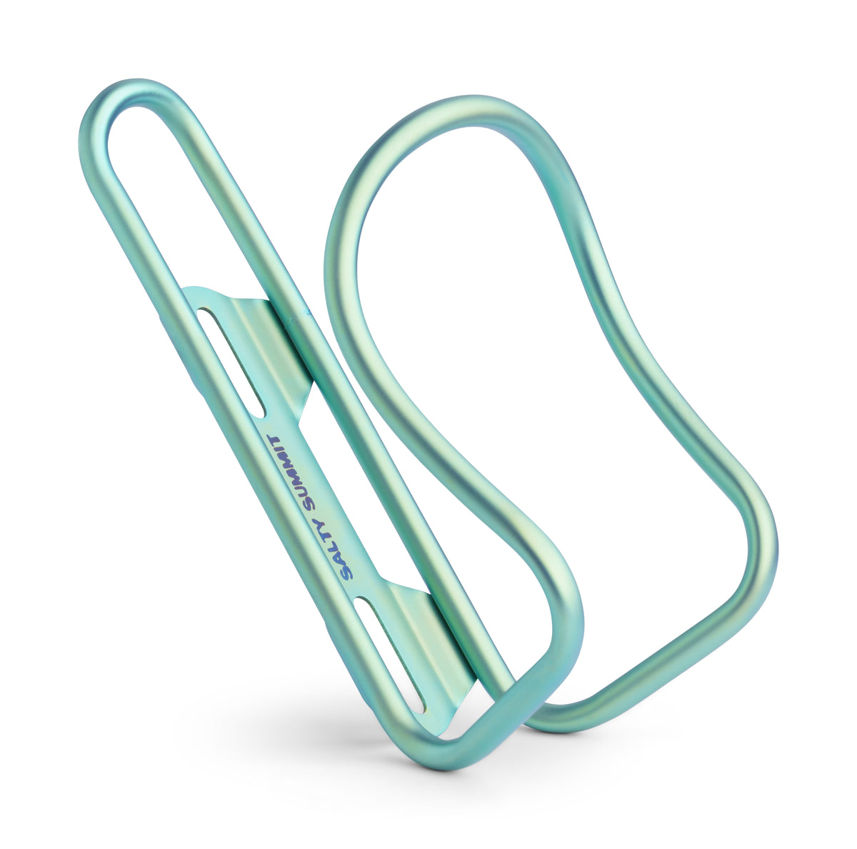 A mint green metallic bicycle water bottle cage with the brand name 'Salty SUMMIT' printed on the side, shown on a clean white background.