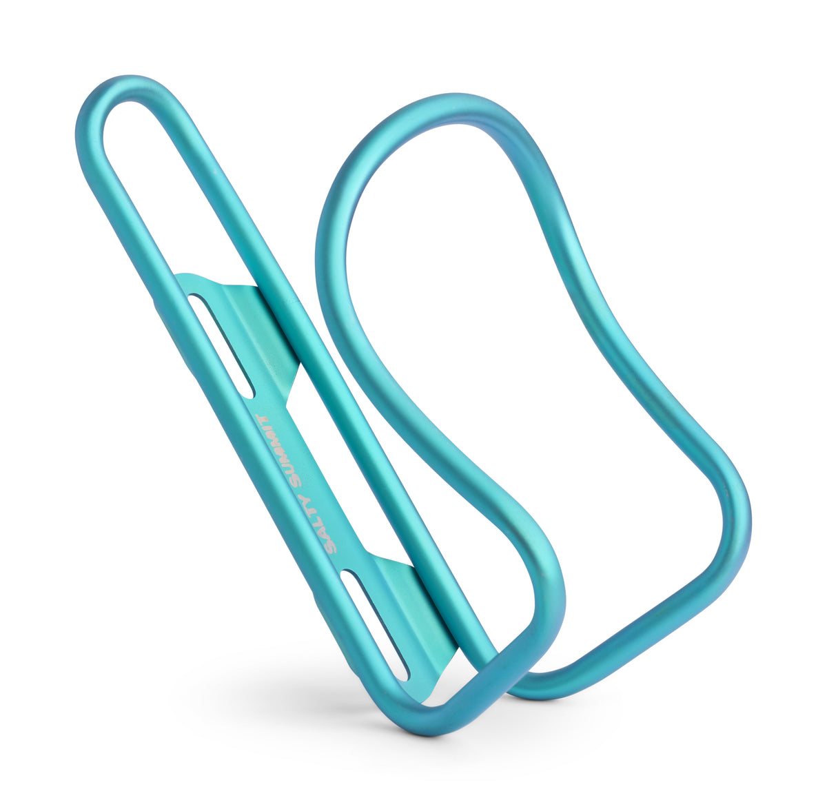 A turquoise blue anodized titanium bicycle water bottle cage, shown on a clean white background.