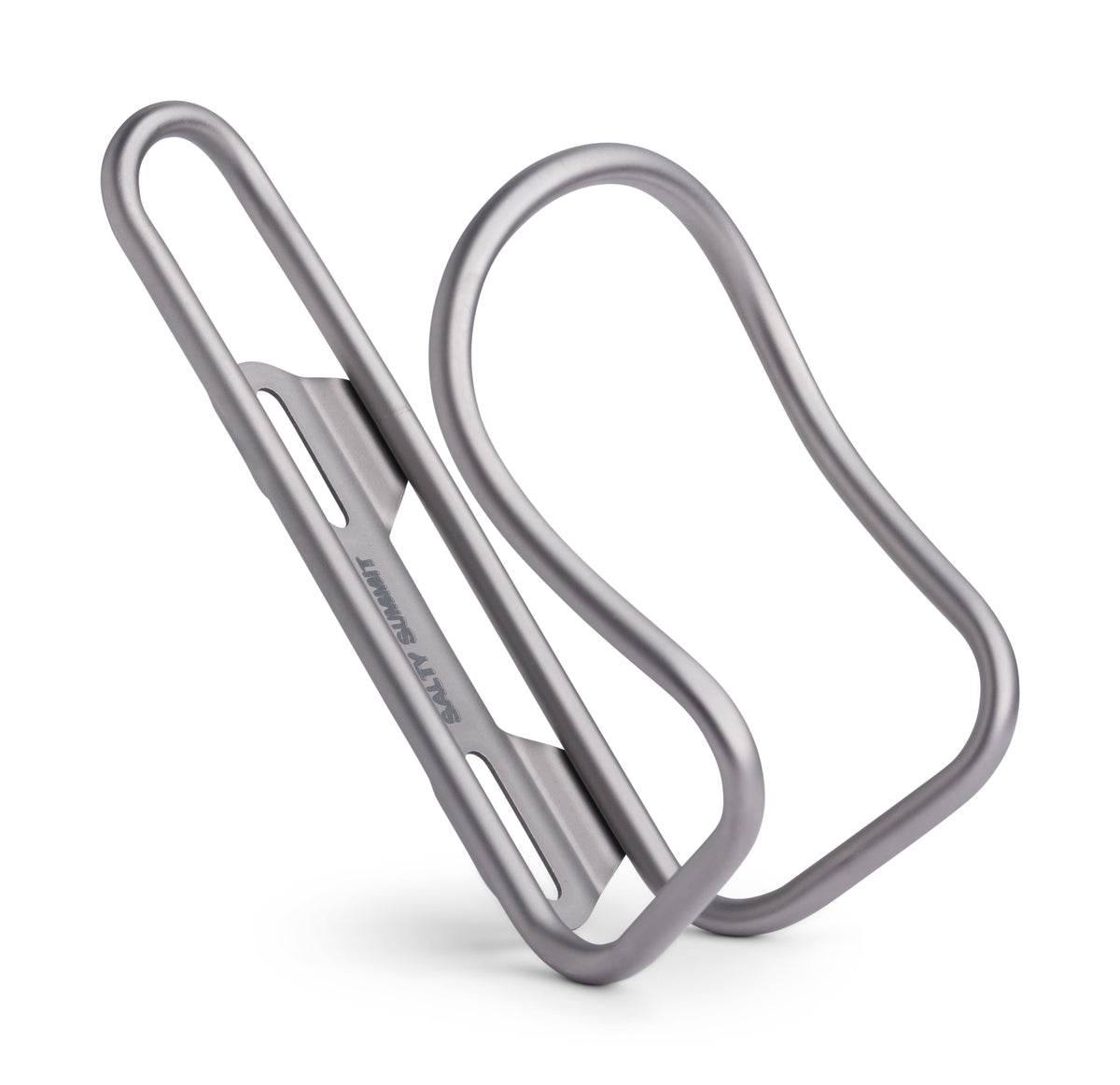 A metallic bicycle water bottle cage in a matte silver finish, shown on a clean white background with a soft shadow.