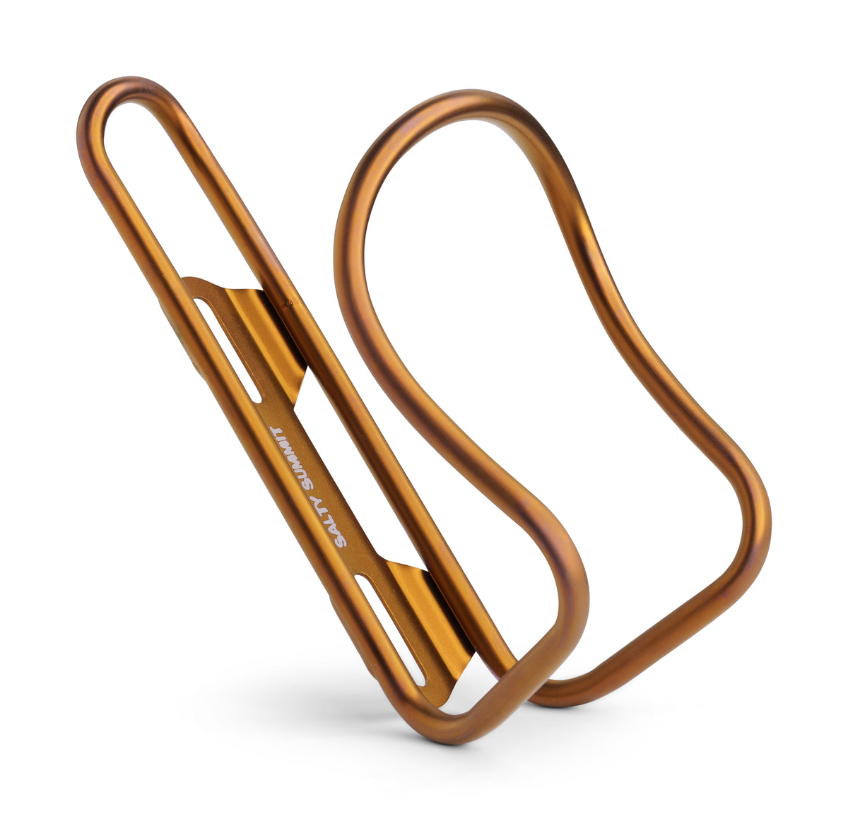 A copper-colored anodized titanium bicycle water bottle cage with the brand name 'SALTY SUMMIT' printed on it, shown on a clean white background.