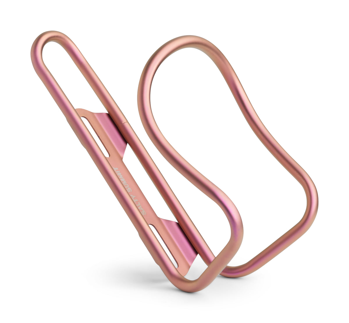 A metallic pink titanium bottle cage, shown from an angle on a clean white background.