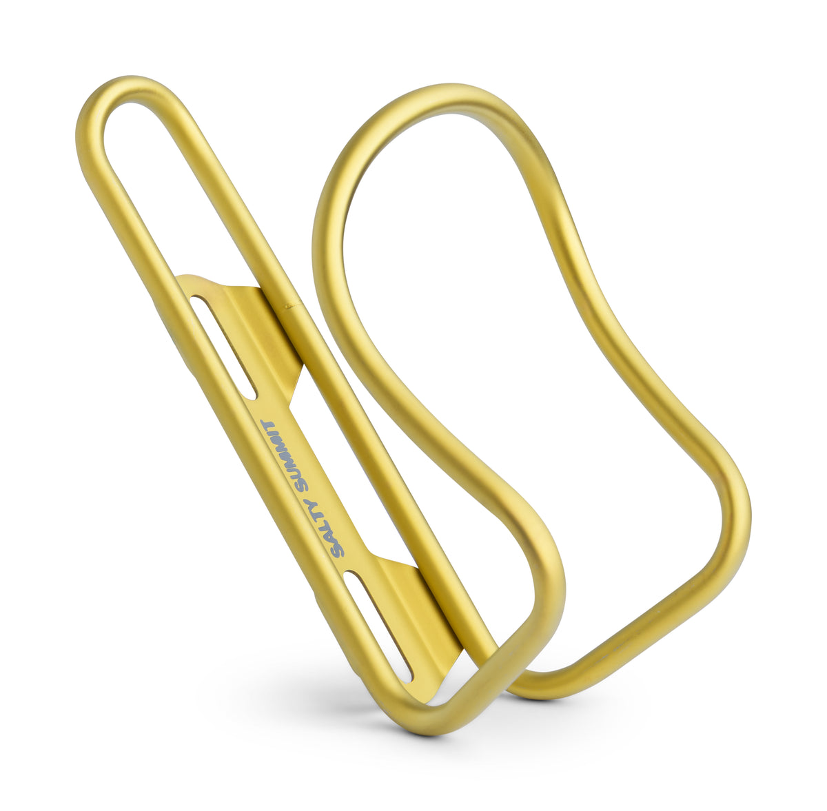 A yellow-colored bicycle water bottle cage with a matte metallic finish, featuring the brand name 'SALTY SUMMIT' printed in blue on the hinge area, set against a plain white background.